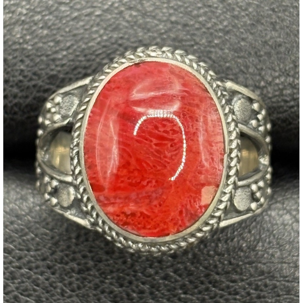 New Condition Sterling Silver Coral Bali Style Ring 925 Size 7 4 Grams H10